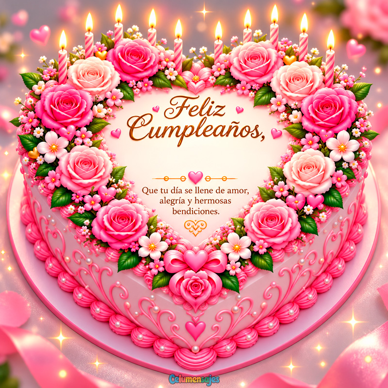 Pastel de Corazón Rosa con Rosas y Velas Feliz Cumpleaños