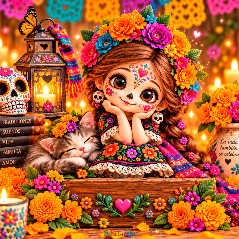 Niña Catrina con Gatito Dormido y Flores de Cempasúchil