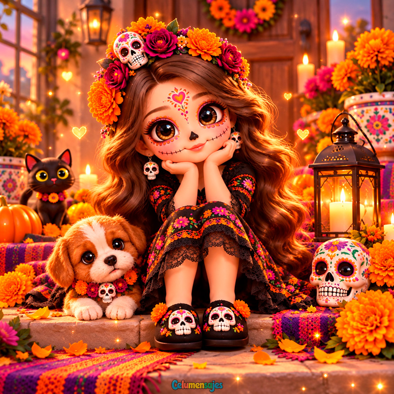 Niña Catrina Sentada en Escalinata con Cachorro y Mascotas