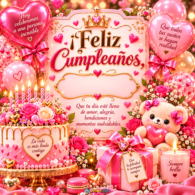 Celebración de Cumpleaños Rosa con Corona, Pastel y Osito