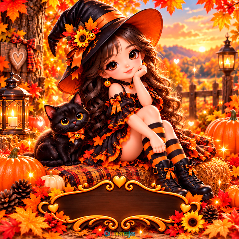 Brujita con Gatito Negro en Pacas de Heno y Cartel Ornamental