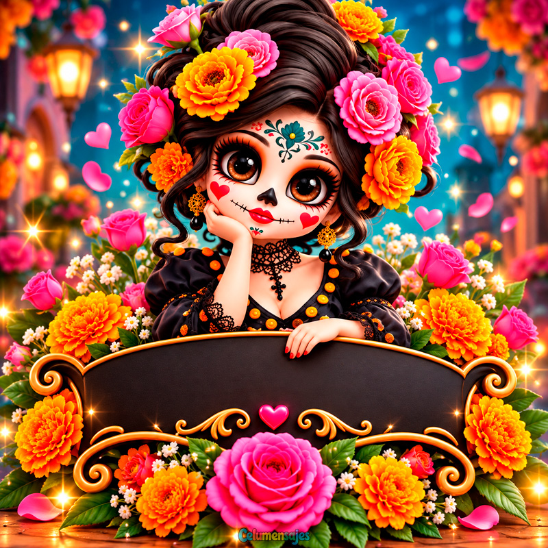 Catrina Kawaii Asomada sobre Cartel Negro con Flores de Cempasúchil