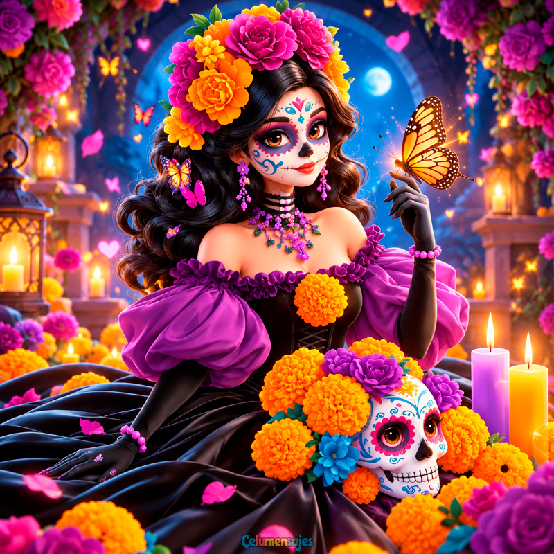 Dama Catrina con Vestido Negro, Corona Floral y Mariposa Monarca