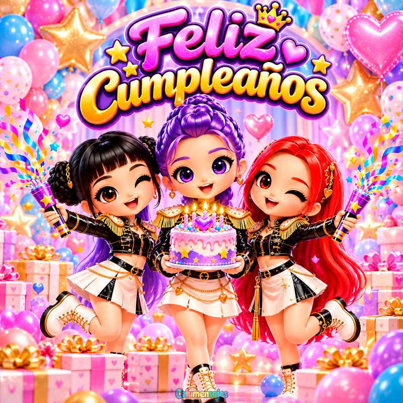 Grupo K-Pop Femenino Feliz Cumpleaños con Pastel y Confeti