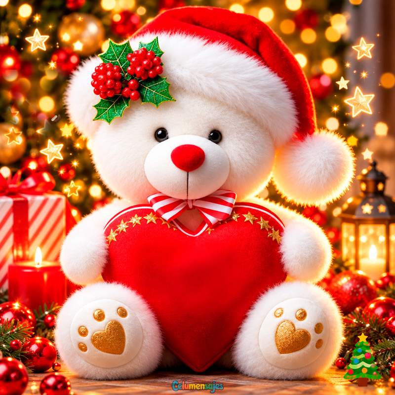 Osito Navideño de Felpa con Gorro de Santa y Corazón Rojo