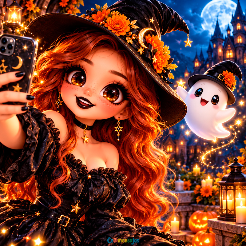 Brujita Pelirroja con Fantasmita y Calabazas Iluminadas
