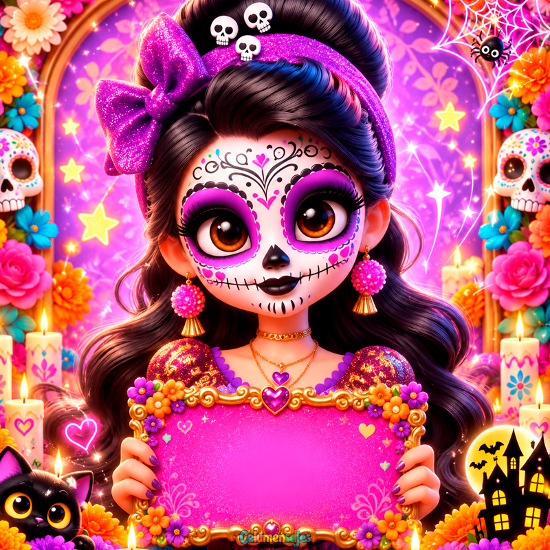 Niña Catrina Morada con Cartel Dorado y Gatito Negro