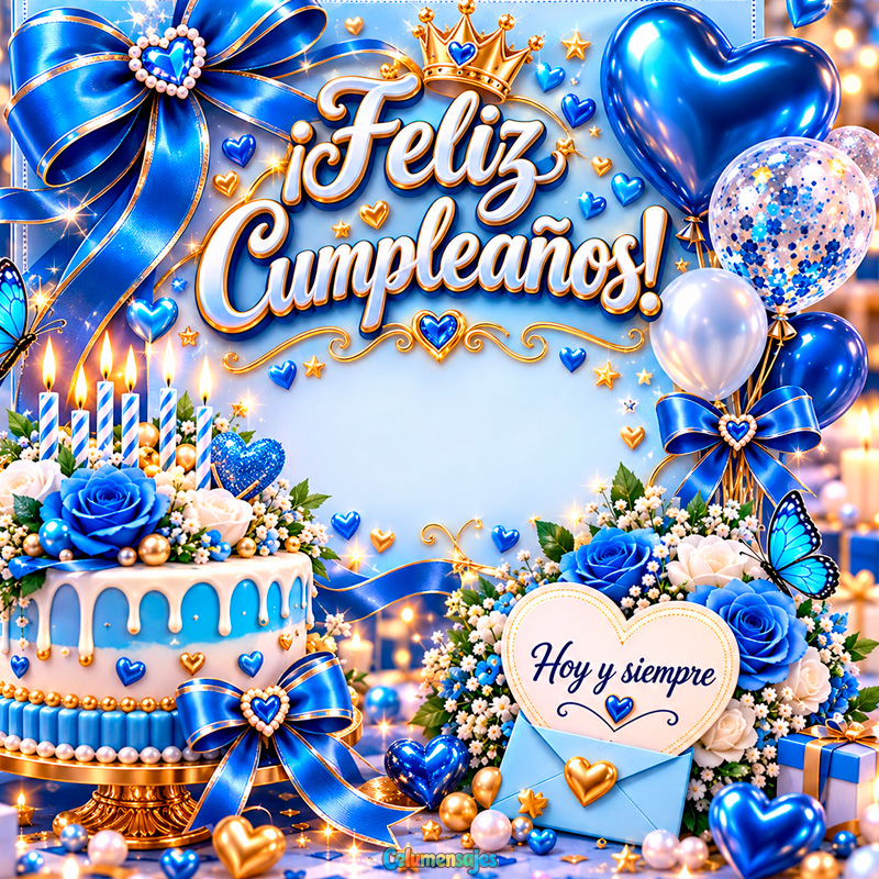 Cumpleaños Elegante Azul Real con Corona Dorada y Pastel