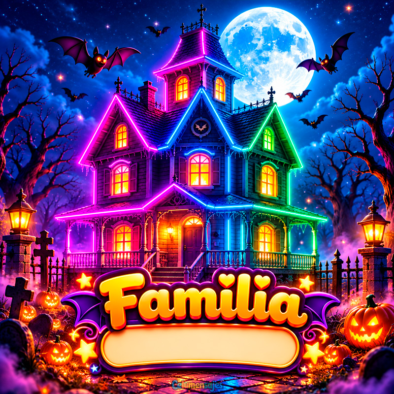 Mansión Iluminada Neón en Noche de Halloween Familia
