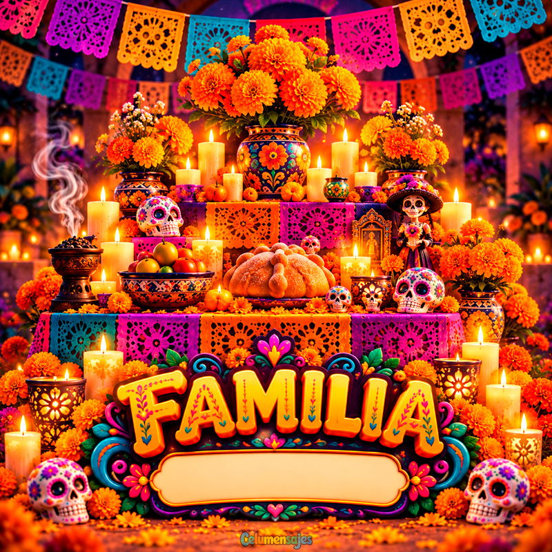 Ofrenda Monumental de Día de Muertos con Cempasúchil Familia