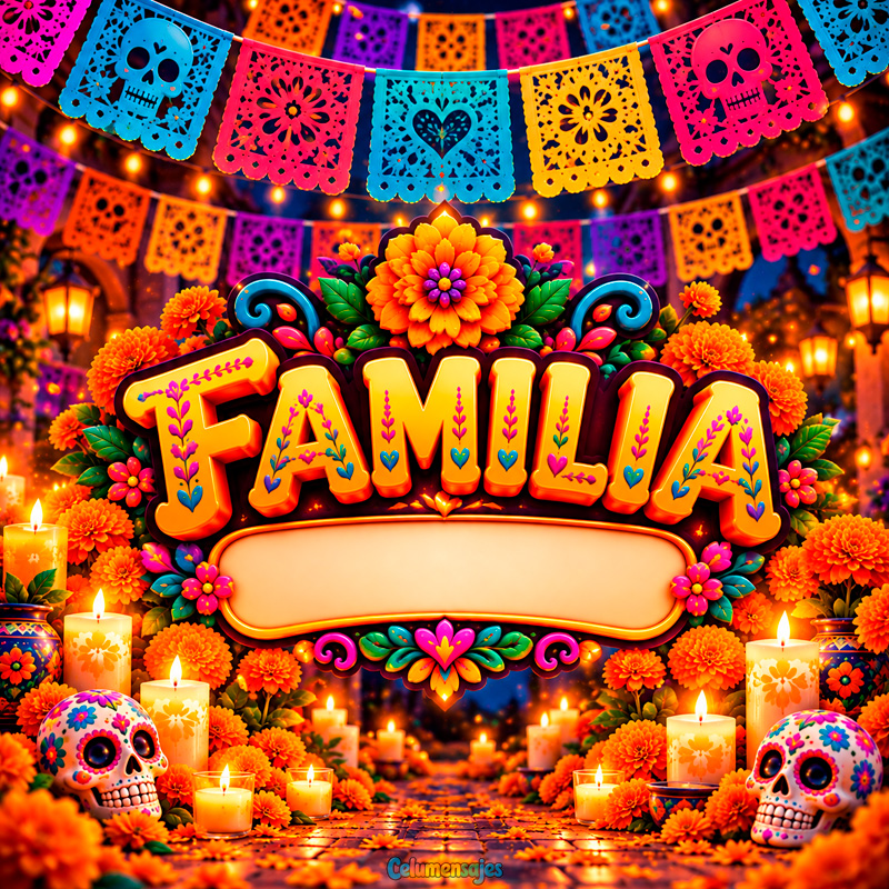 Marco Floral de Día de Muertos con Papel Picado Familia