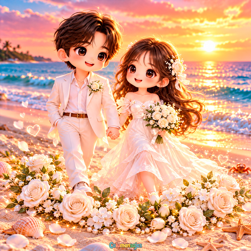 Novios en Playa al Atardecer con Rosas Blancas