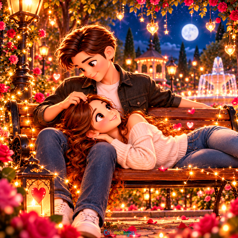 Pareja Romántica en Banca de Parque Iluminado con Rosas