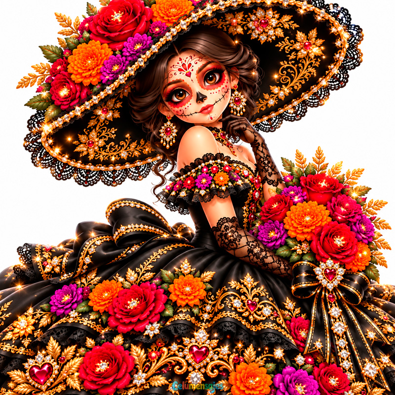 Catrina Elegante con Sombrero Charro Bordado y Vestido de Gala
