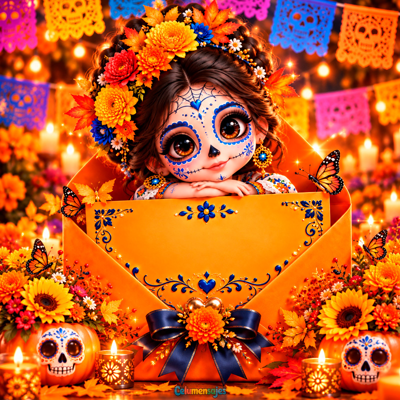 Niña Catrina Asomada en Sobre Festivo con Girasoles y Calabacitas