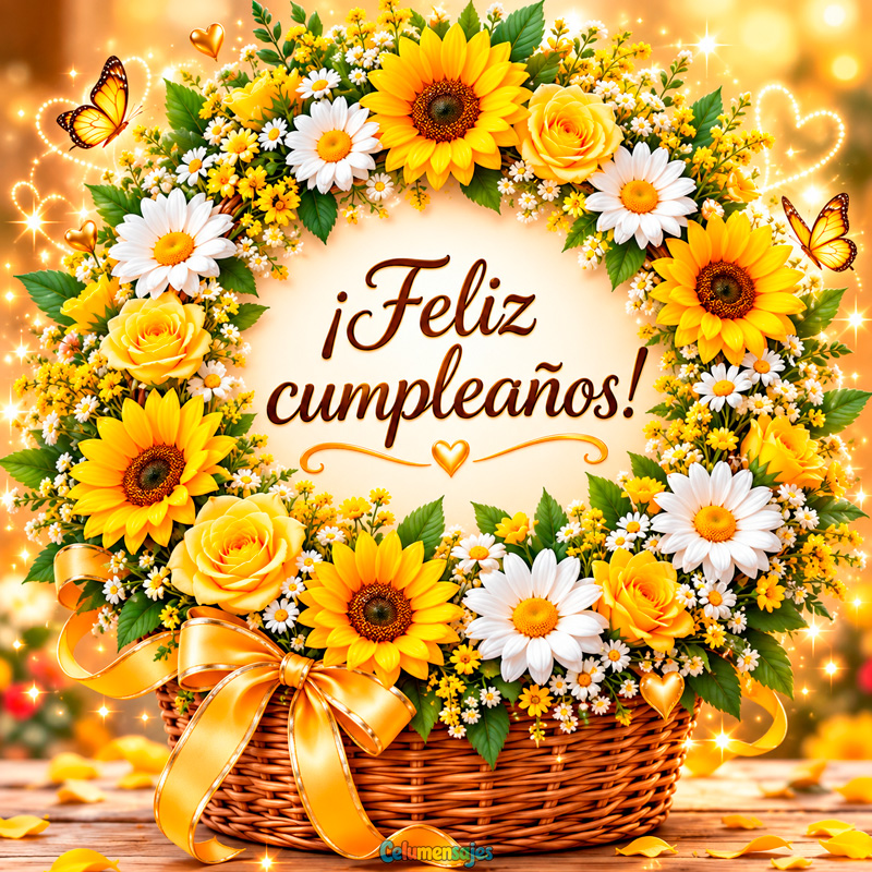 Canasta Floral con Girasoles y Margaritas Feliz Cumpleaños
