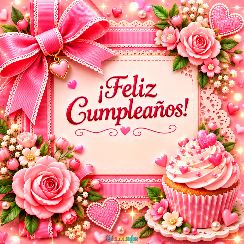 Cupcake Rosado y Moño Feliz Cumpleaños con Rosas