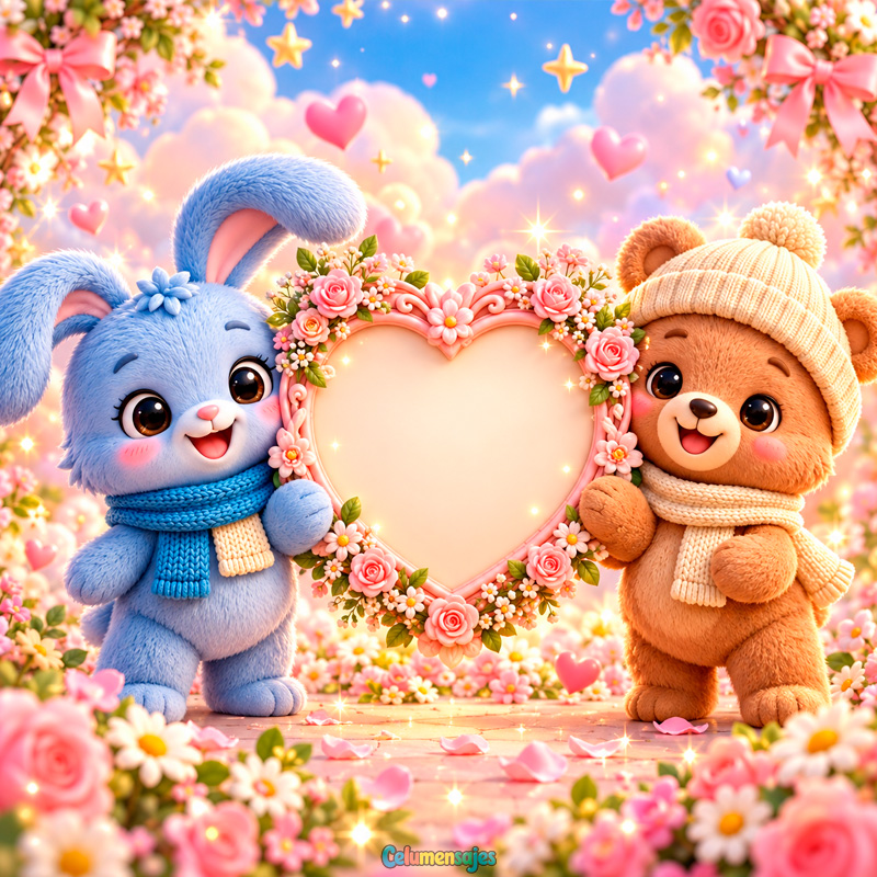 Conejito y Osito de Invierno con Marco Floral de Corazón