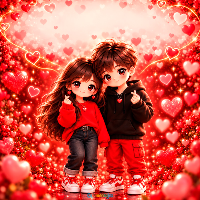 Pareja Enamorada entre Lluvia de Corazones Rojos Brillantes