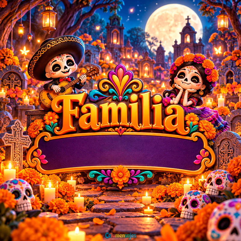 Calaveritas de Niños en Panteón de Día de Muertos Familia