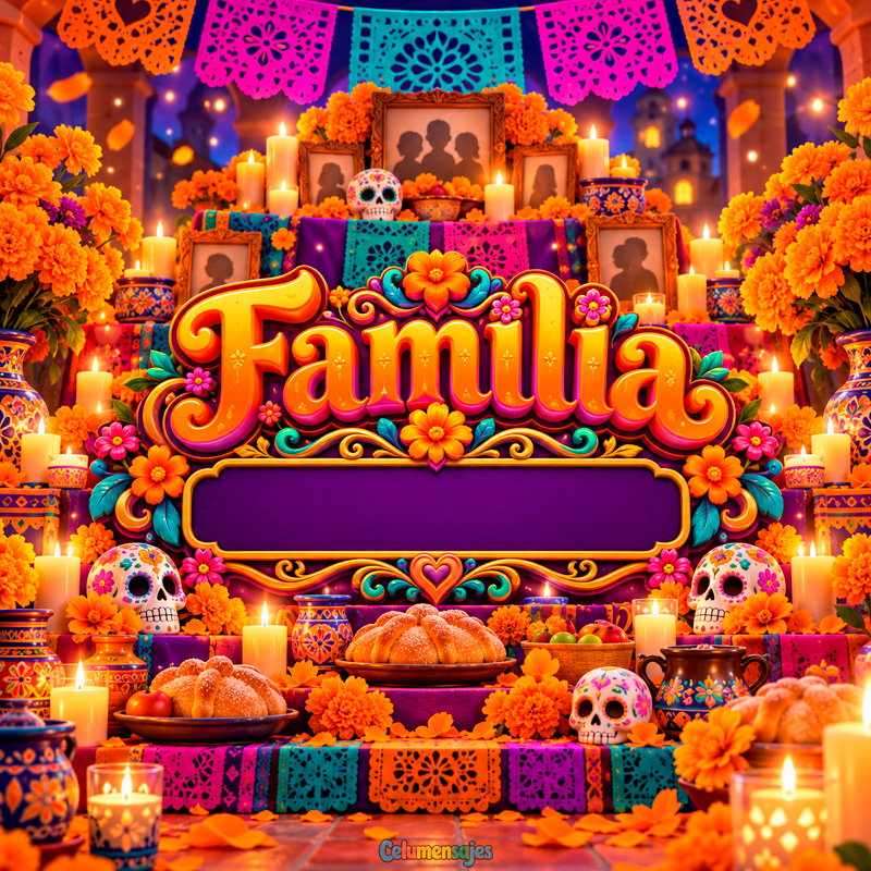 Ofrenda Tradicional de Muertos con Pan y Calaveritas Familia