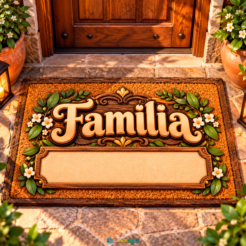 Tapete de Entrada Rústico Familia con Flores Talladas