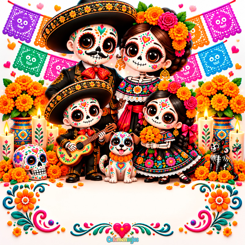 Familia Calavera Catrina con Mascotas y Papel Picado