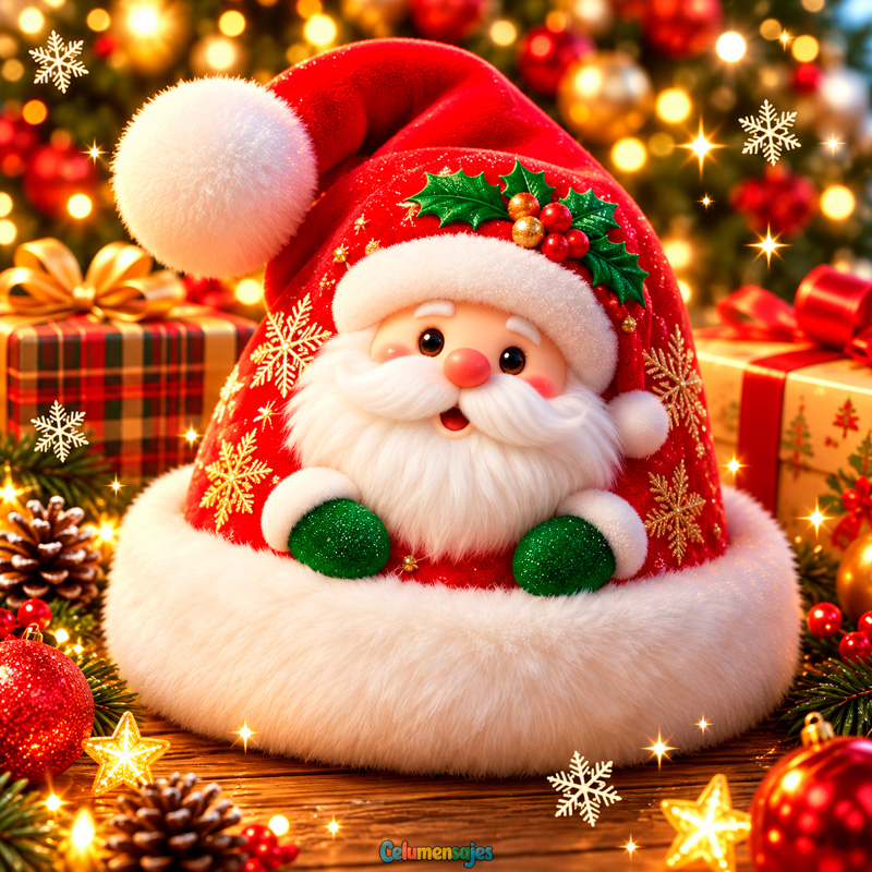 Tierno Santa Claus Asomado en Gorro de Navidad con Regalos