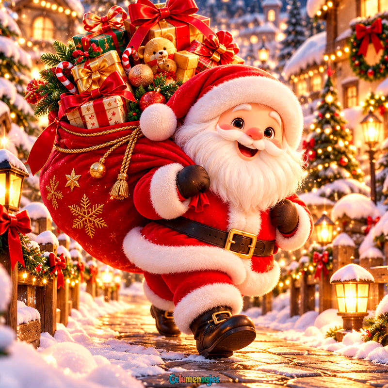Santa Claus Alegre Cargando Saco de Regalos en la Nieve