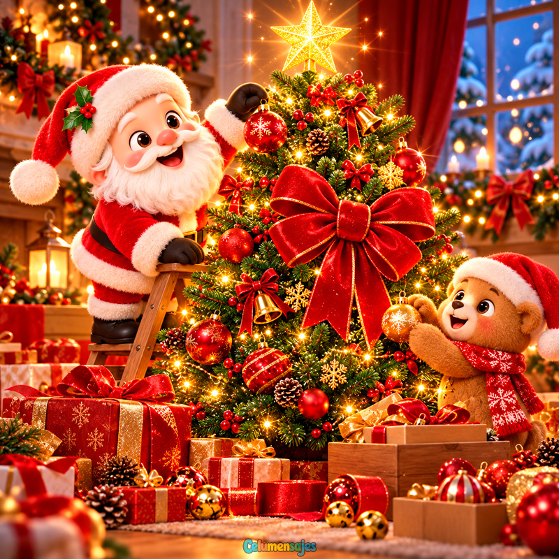 Santa Claus y Osito Decorando Árbol de Navidad con Luces