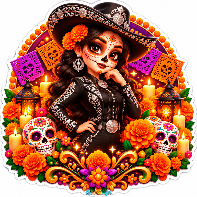 Catrina con Traje de Charra Negra y Papel Picado
