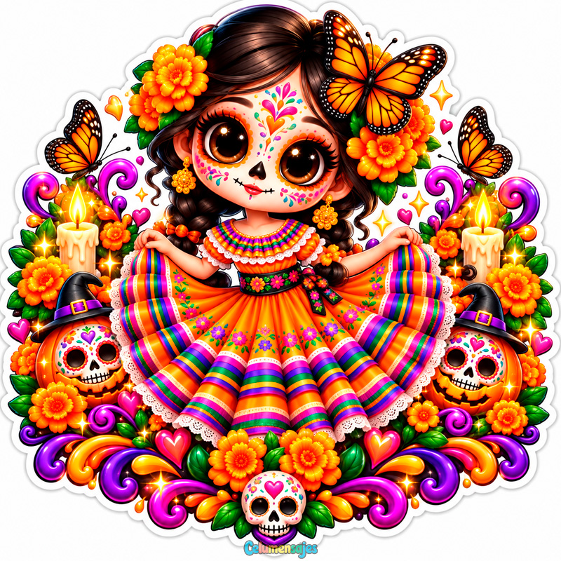 Niña Catrina con Vestido Folklórico Mexicano y Mariposas