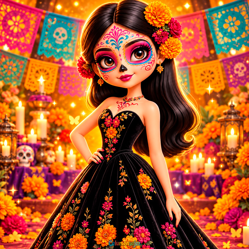 Catrina Elegante con Vestido de Gala Negro Bordado