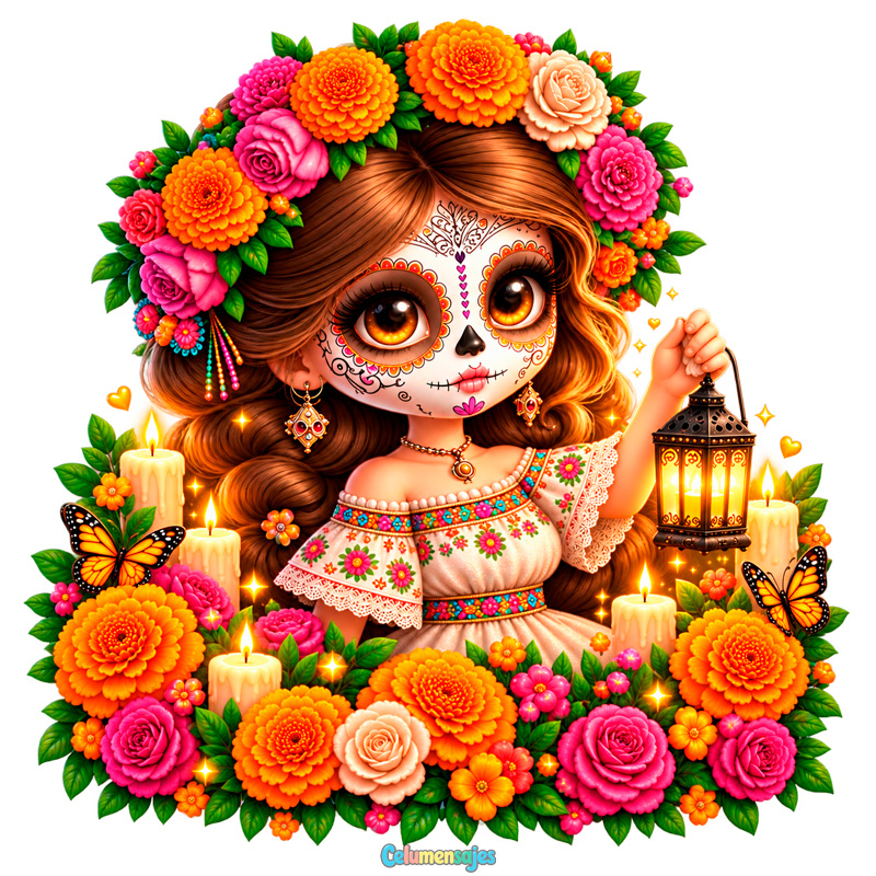 Niña Catrina con Farol Encendido y Guirnalda de Cempasúchil