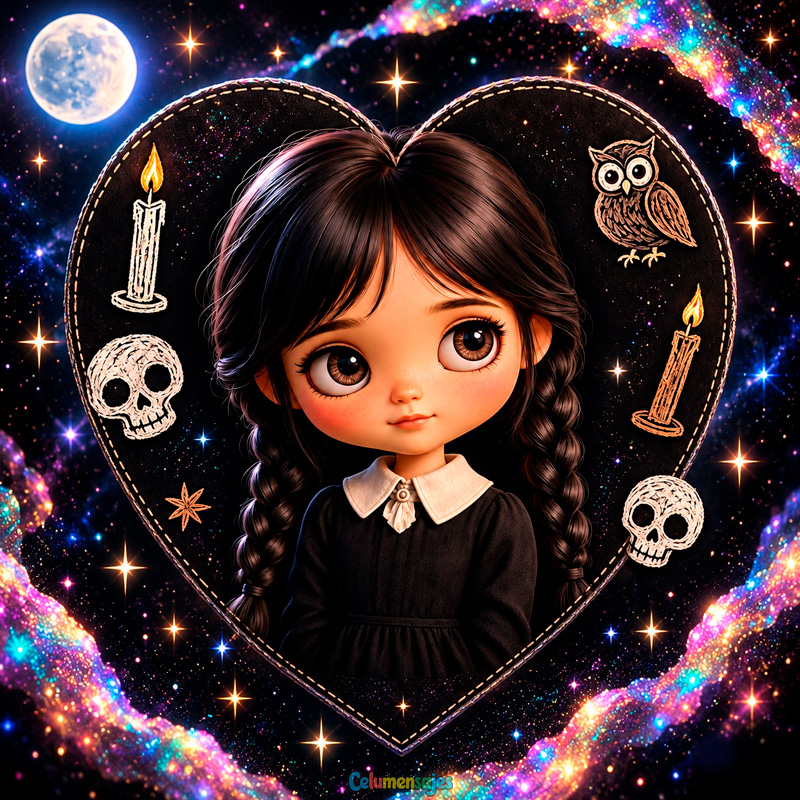 Niña Gótica con Trenzas en Marco de Corazón Cósmico