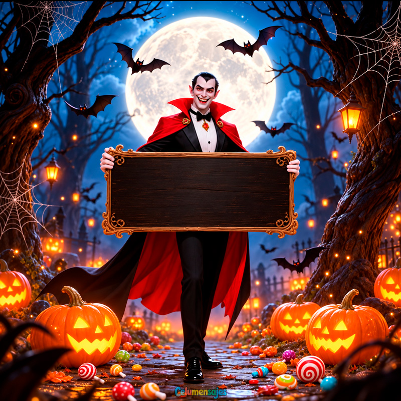 Conde Drácula con Cartel de Madera y Calabazas de Halloween
