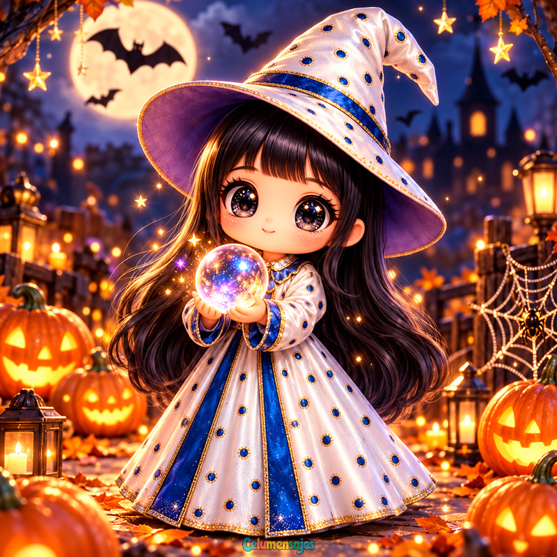 Pequeña Brujita con Esfera de Cristal y Calabazas en Castillo