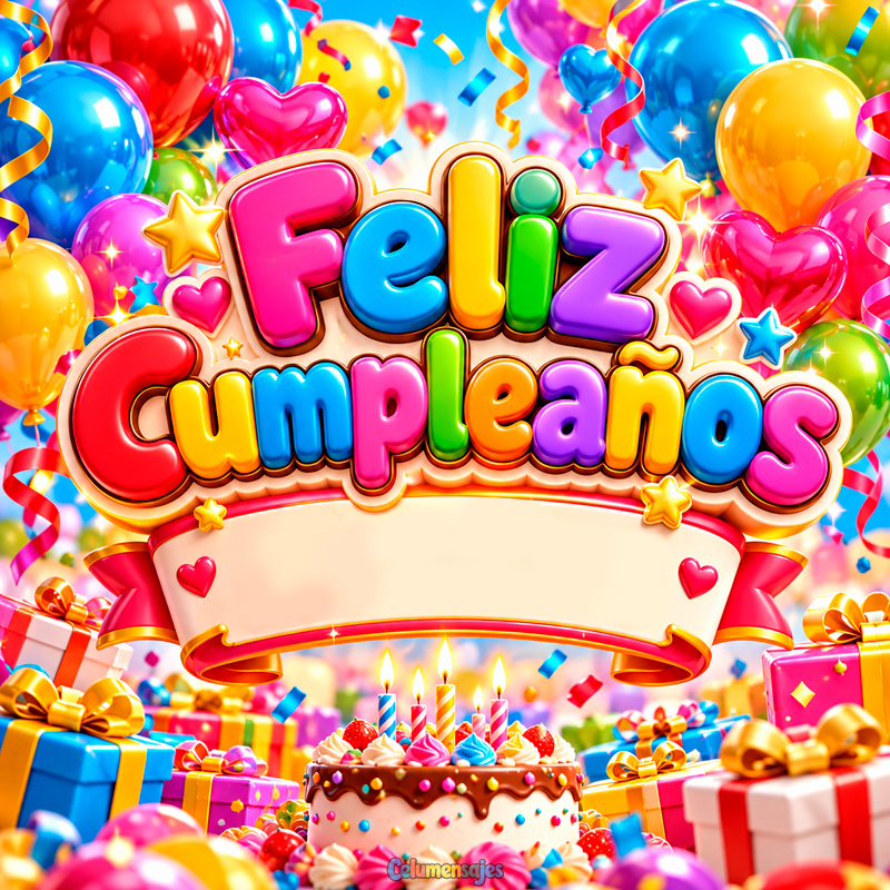Pastel de Cumpleaños Colorido con Globos y Regalos