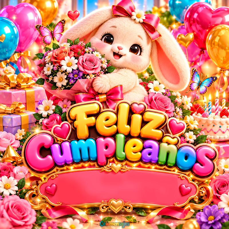 Conejita con Ramo de Flores y Globos Feliz Cumpleaños