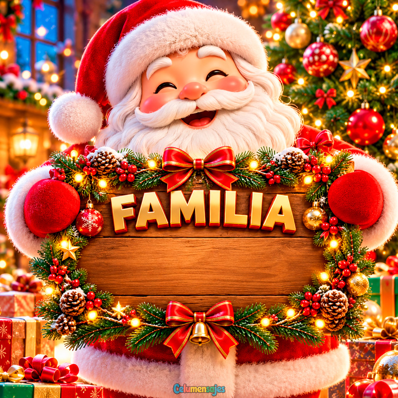 Santa Claus Alegre con Cartel Navideño de Madera Familia