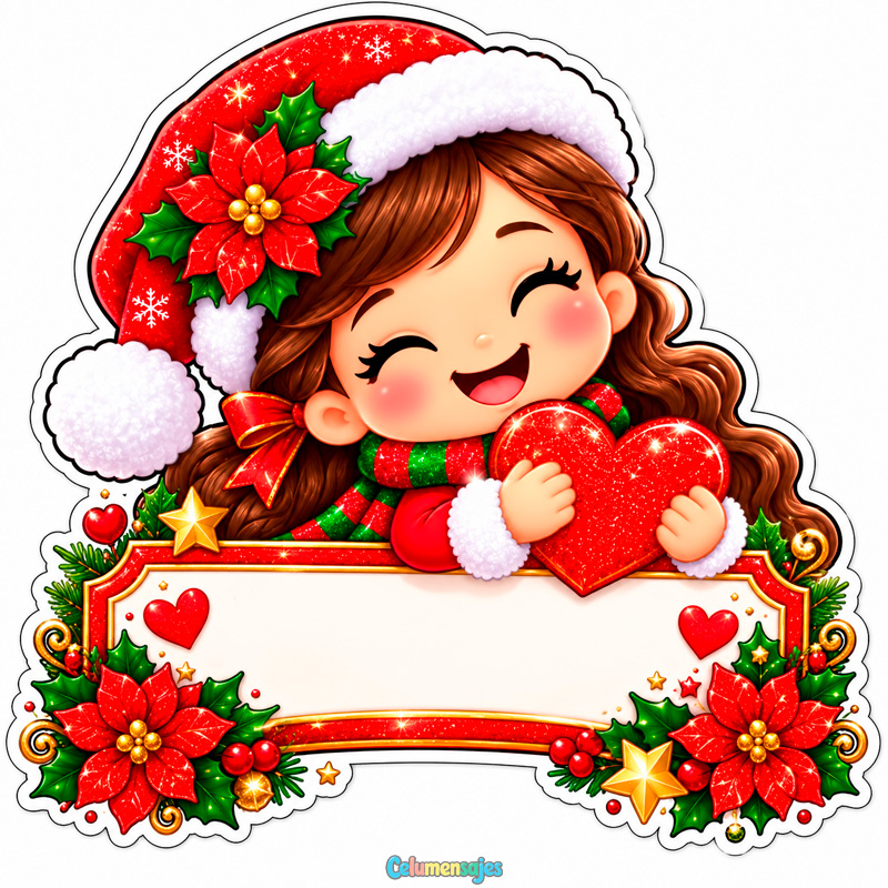 Niña Navideña con Gorro de Santa y Corazón Brillante