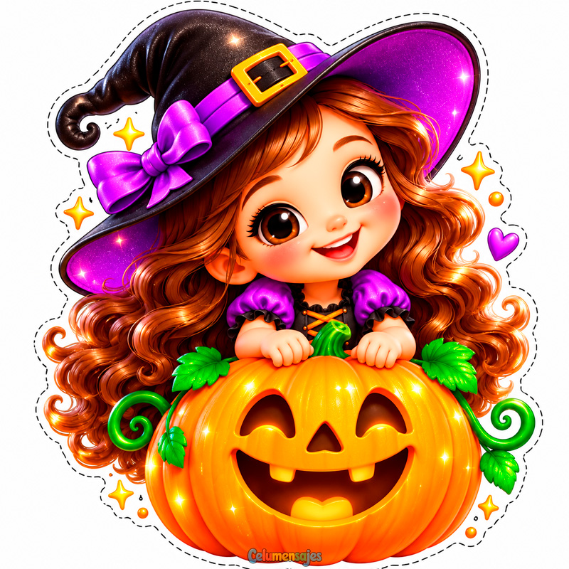 Niña Brujita Sonriente en Calabaza de Halloween Sticker