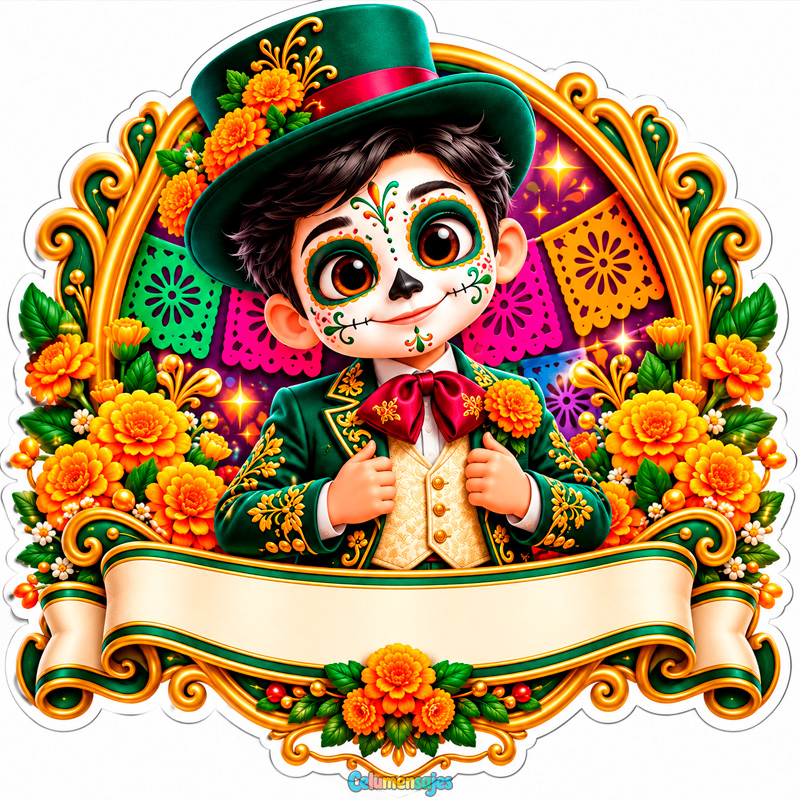 Niño Charro Calaverita con Sombrero Verde y Cempasúchil
