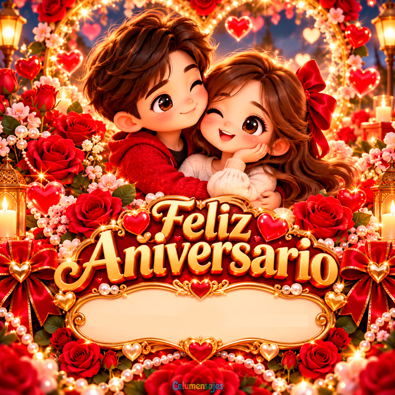 Pareja Enamorada Feliz Aniversario con Rosas Rojas