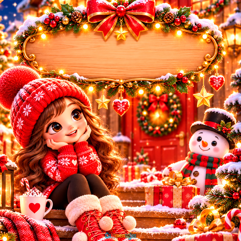 Niña en Escalera Nevada con Muñeco de Nieve y Cartel Navideño