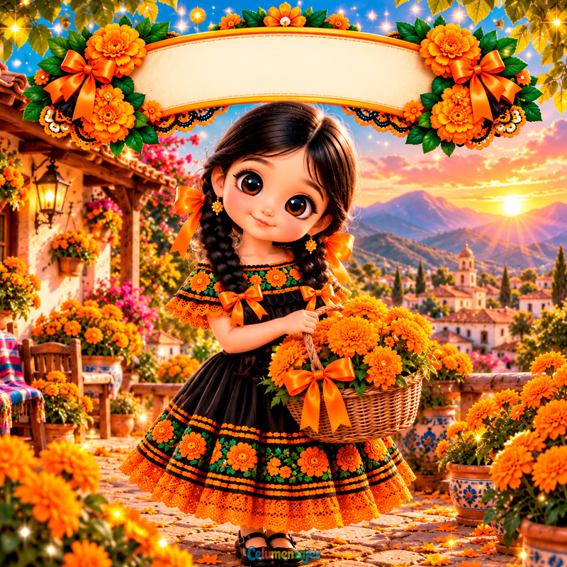 Niña con Canasta de Cempasúchil en Terraza Tradicional