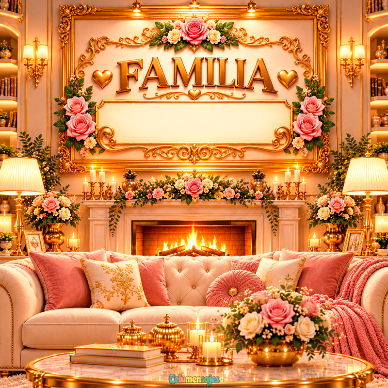 Sala de Estar Elegante con Chimenea y Cuadro Dorado Familia