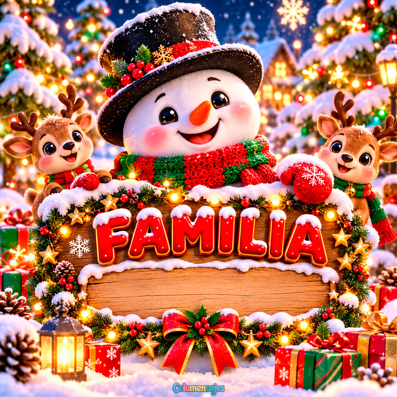 Muñeco de Nieve con Renos y Cartel Navideño de Madera Familia