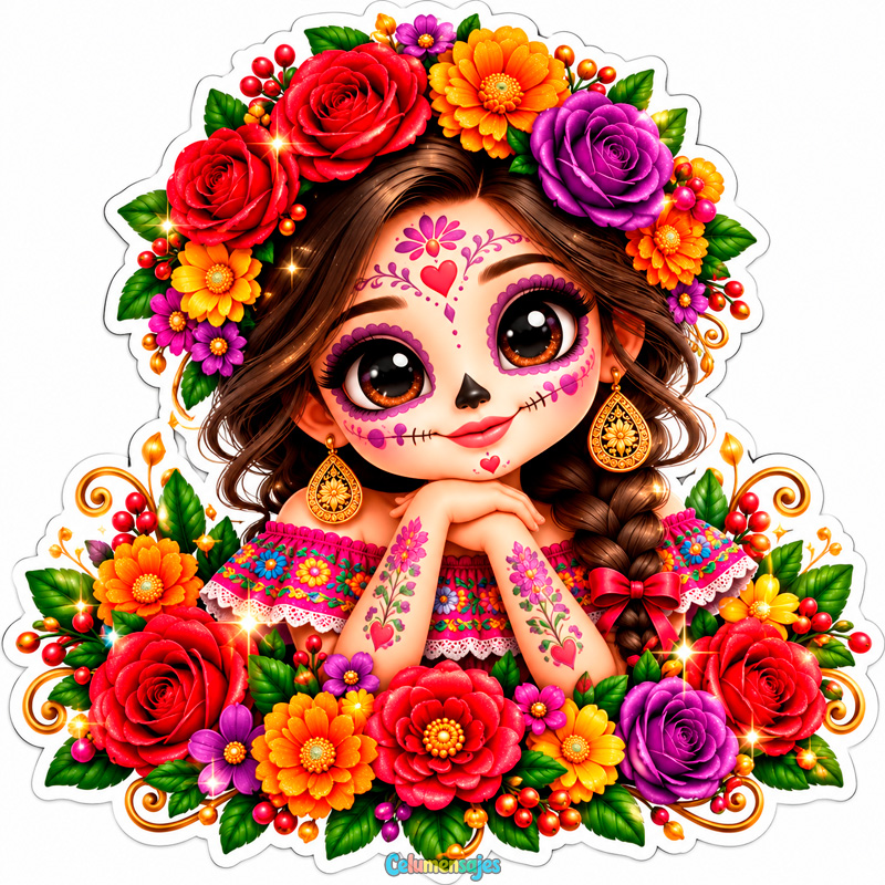 Niña Catrina Kawaii con Corona de Flores y Vestido Mexicano