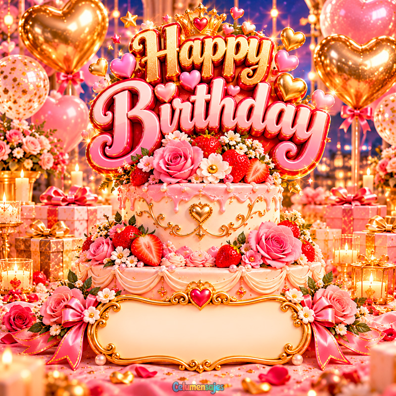 Pastel Real con Fresas y Corona Happy Birthday con Globos